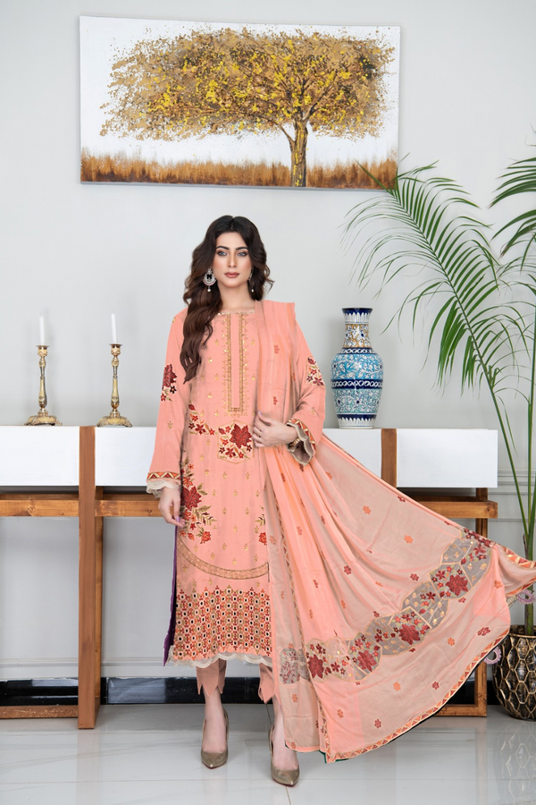 JAZMIN | EMBROIDERED LAWN | UNSTITCH | 3PC | SI - F - 6054 - PEACH